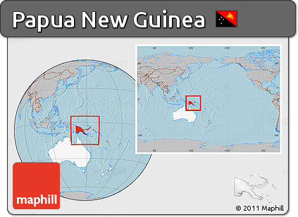 Gray Location Map of Papua New Guinea, highlighted continent, within the entire continent, hill shading