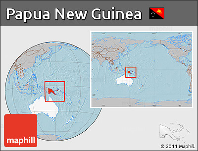 Gray Location Map of Papua New Guinea, highlighted continent, within the entire continent, hill shading