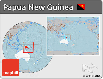 Gray Location Map of Papua New Guinea, highlighted continent, within the entire continent, hill shading