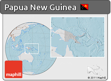 Gray Location Map of Papua New Guinea, lighten, land only, hill shading