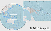 Gray Location Map of Papua New Guinea, lighten, land only, hill shading