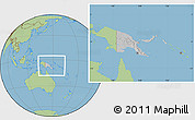 Gray Location Map of Papua New Guinea, savanna style outside, hill shading inside