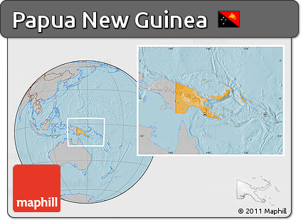 Political Location Map of Papua New Guinea, gray outside, hill shading