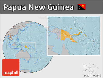 Political Location Map of Papua New Guinea, gray outside, hill shading