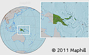 Satellite Location Map of Papua New Guinea, gray outside, hill shading