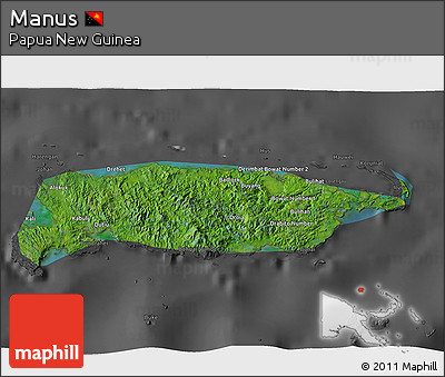 Satellite 3D Map of Manus, darken, desaturated