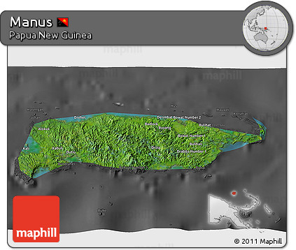 Satellite 3D Map of Manus, darken, desaturated