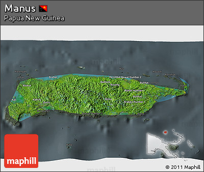 Satellite 3D Map of Manus, darken, semi-desaturated