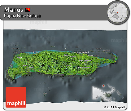 Satellite 3D Map of Manus, darken, semi-desaturated