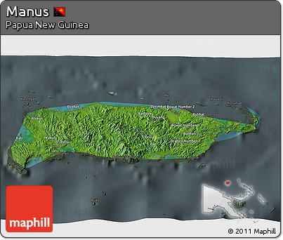 Satellite 3D Map of Manus, darken, semi-desaturated
