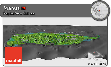 Satellite Panoramic Map of Manus, darken, desaturated