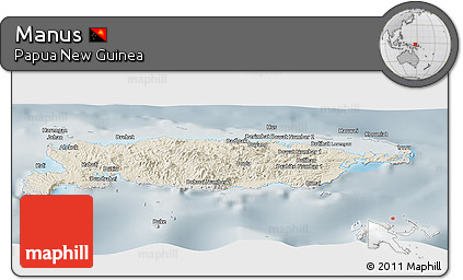 Shaded Relief Panoramic Map of Manus, semi-desaturated