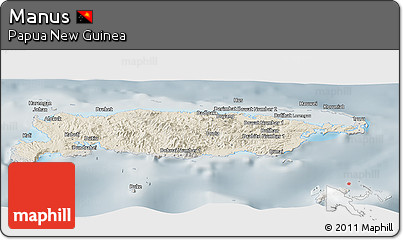 Shaded Relief Panoramic Map of Manus, semi-desaturated