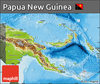 Physical Map of Papua New Guinea, darken, semi-desaturated, land only