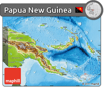 Physical Map of Papua New Guinea, darken, semi-desaturated, land only
