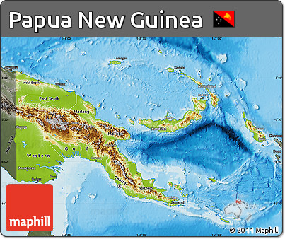 Physical Map of Papua New Guinea, darken, semi-desaturated, land only