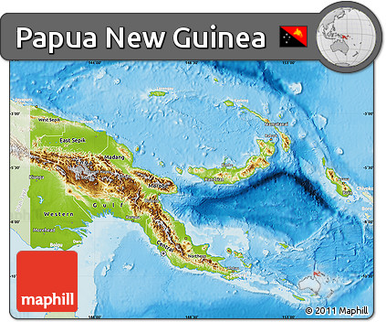 Physical Map of Papua New Guinea, lighten, land only