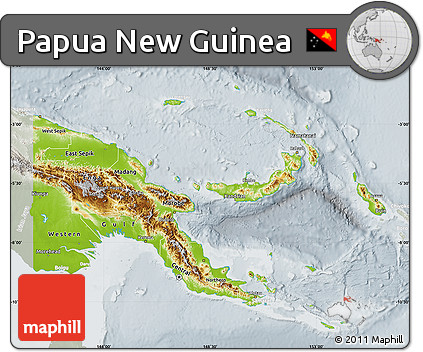 Physical Map of Papua New Guinea, lighten, semi-desaturated