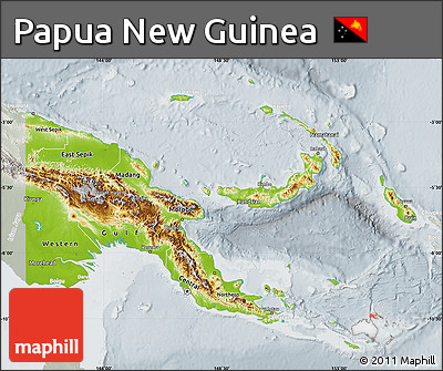 Physical Map of Papua New Guinea, lighten, semi-desaturated
