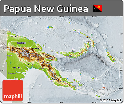 Physical Map of Papua New Guinea, lighten, semi-desaturated