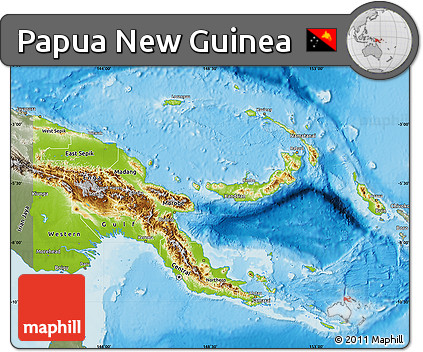 Physical Map of Papua New Guinea, semi-desaturated, land only