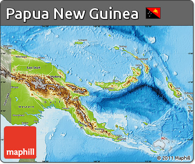Physical Map of Papua New Guinea, semi-desaturated, land only