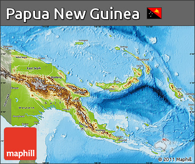 Physical Map of Papua New Guinea, semi-desaturated, land only