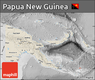 Shaded Relief Map of Papua New Guinea, desaturated