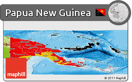 Flag Panoramic Map of Papua New Guinea, physical outside, bathymetry sea, flag rotated