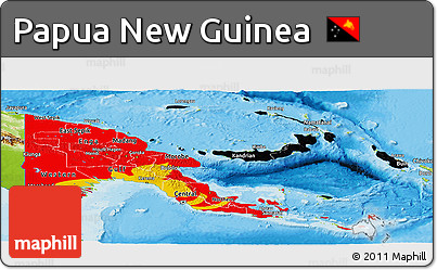 Flag Panoramic Map of Papua New Guinea, physical outside, bathymetry sea, flag rotated
