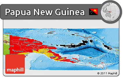 Flag Panoramic Map of Papua New Guinea, physical outside, flag rotated