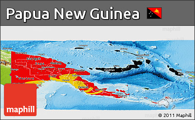 Flag Panoramic Map of Papua New Guinea, physical outside, flag rotated