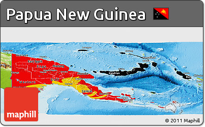 Flag Panoramic Map of Papua New Guinea, physical outside, flag rotated