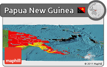 Flag Panoramic Map of Papua New Guinea, satellite outside, flag rotated