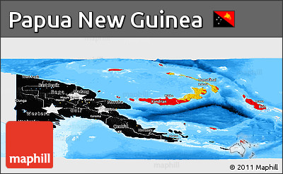Flag Panoramic Map of Papua New Guinea, single color outside, bathymetry sea, flag centered