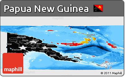 Flag Panoramic Map of Papua New Guinea, single color outside, bathymetry sea, flag centered