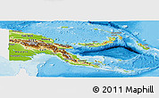 Physical Panoramic Map of Papua New Guinea, single color outside, bathymetry sea, shaded relief sea