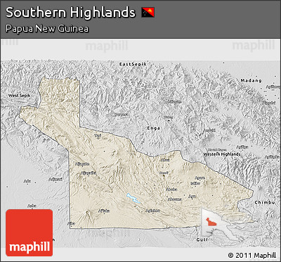 Shaded Relief 3D Map of Southern Highlands, desaturated