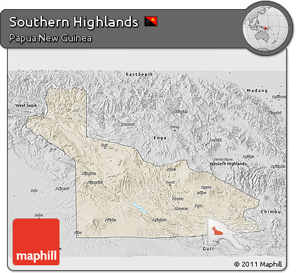 Shaded Relief 3D Map of Southern Highlands, desaturated