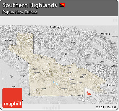 Shaded Relief 3D Map of Southern Highlands, desaturated