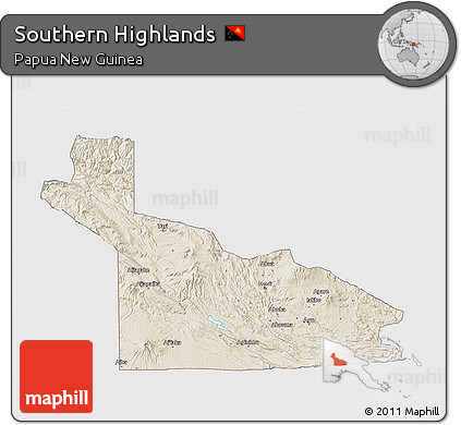 Shaded Relief 3D Map of Southern Highlands, single color outside