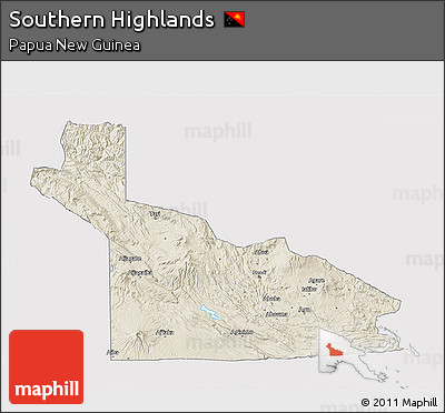 Shaded Relief 3D Map of Southern Highlands, single color outside