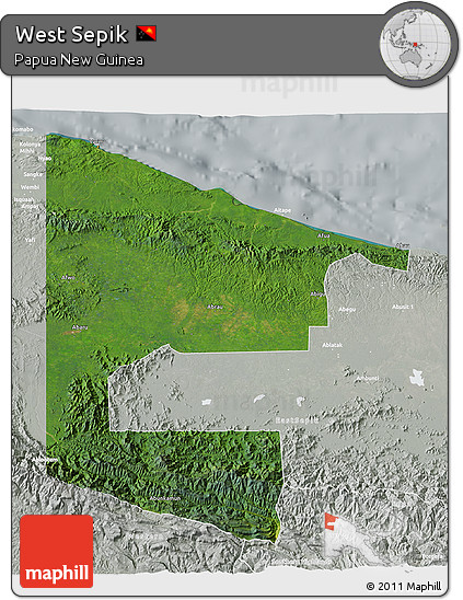 Satellite 3D Map of West Sepik, lighten, semi-desaturated