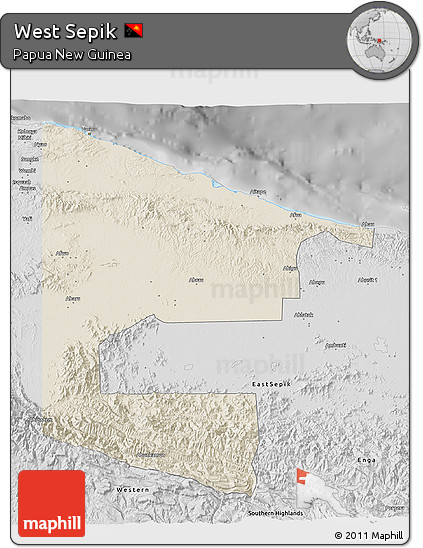 Shaded Relief 3D Map of West Sepik, desaturated