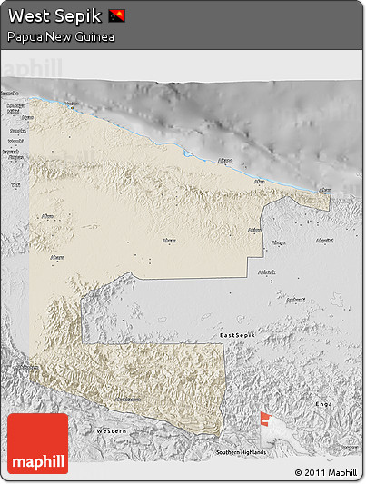 Shaded Relief 3D Map of West Sepik, desaturated