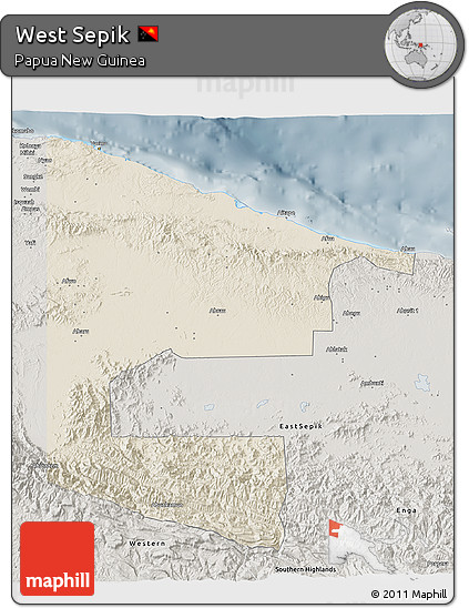 Shaded Relief 3D Map of West Sepik, semi-desaturated