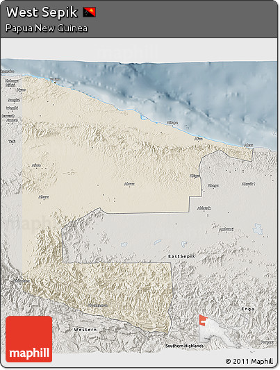 Shaded Relief 3D Map of West Sepik, semi-desaturated