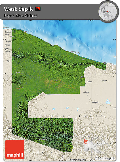 Satellite Map of West Sepik, shaded relief outside