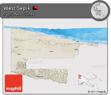 Shaded Relief Panoramic Map of West Sepik, single color outside