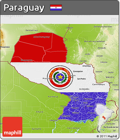Flag 3D Map of Paraguay, physical outside, flag centered